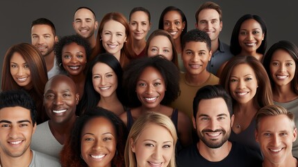 Diverse image: A captivating collage of hundreds of multiracial individuals, smiling and gazing at the camera, exemplifying the beauty of multicultural society and inclusivity