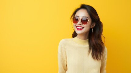 Young Asian woman posing in front of yellow background