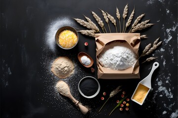 Scone flour sprinkled from the white paper bag measuring cup and ears of wheat kitchen Captured from above top view flat lay on black chalkboard background Layout with free text space in dark tone 