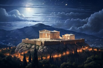 A magnificent Parthenon temple stands under the starry Athenian sky in Greece. Generative AI - obrazy, fototapety, plakaty