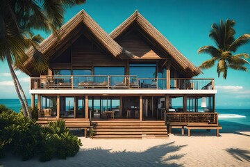 Beachfront bungalow with a wide deck overlooking the ocean - AI Generative