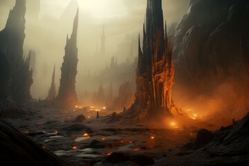 Tall foggy stalagmite towers on the surface of a fantasy planet. Generative AI