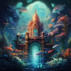Fantasy Underwater Kingdom with Humanized Fish Illustration - obrazy, fototapety, plakaty