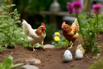 Rolgordijnen Relay race between relaxed chicken and chick in a garden. Generative AI © Solana