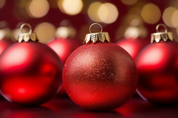 Fototapeta premium Red glossy Christmas baubles. New Year greeting card on blurred lights background. Generative AI