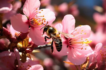 Bee enjoying nectar on a beautiful blossom. Generative AI - obrazy, fototapety, plakaty