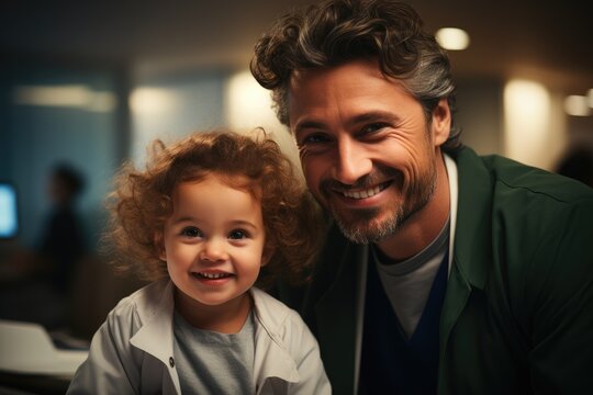 A doctor and a smiling child in a patient's uniform in hospital.