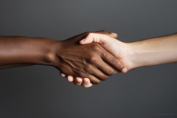 Black and caucasian hands holding each other in tolerance and anti racism concept. Generative AI - obrazy, fototapety, plakaty