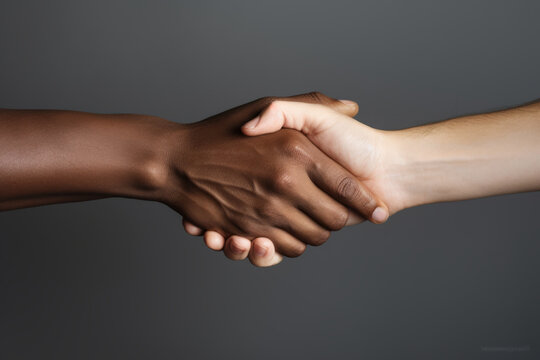 Black and caucasian hands holding each other in tolerance and anti racism concept. Generative AI
