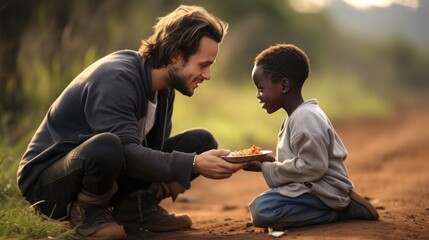 Heartwarming image: A volunteer shares a meal with an African child outdoors, embodying the spirit of generosity and compassion in the community.