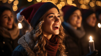 Carolers singing Christmas songs under the glow of city streetlights.