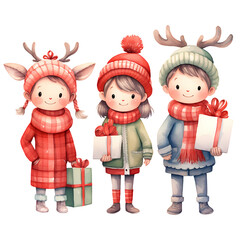 3 watercolor christmas costume kids with gift box.