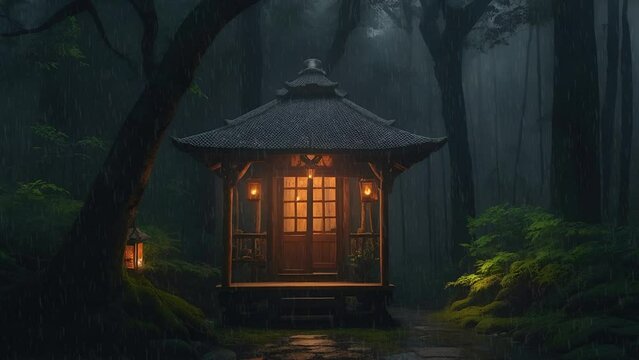 Cozy cabin in the woods. Lantern glowing and rain falling at nighttime. Japan styled. Meditation rest, deep sleep relax concentration study atmosphere.