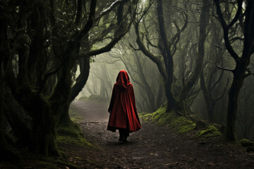 A woman in a red cloak walking through a dark forest. Generative AI