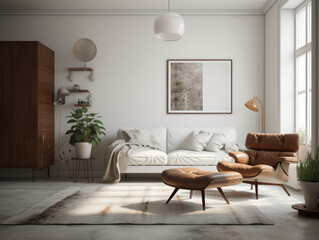 White living room with brown furniture and a plant.