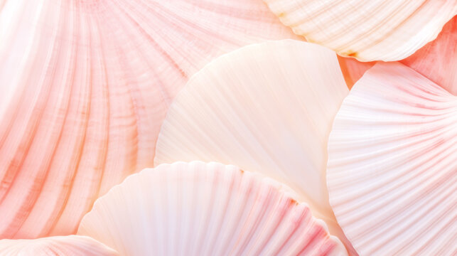 Beautiful tender pink sea shells background. Macro of marine seashell texture backdrop. Amazing light rose shell texture pattern for design and decoration. Close up