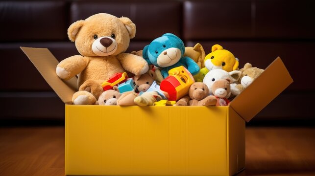 Joyful image: A toy donation box filled with the promise of children's smiles, embodying the spirit of charity and support for kids