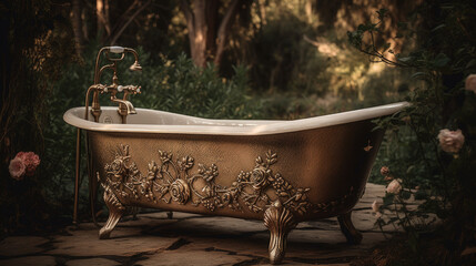 Ornate bathtub sitting in the middle of a garden.