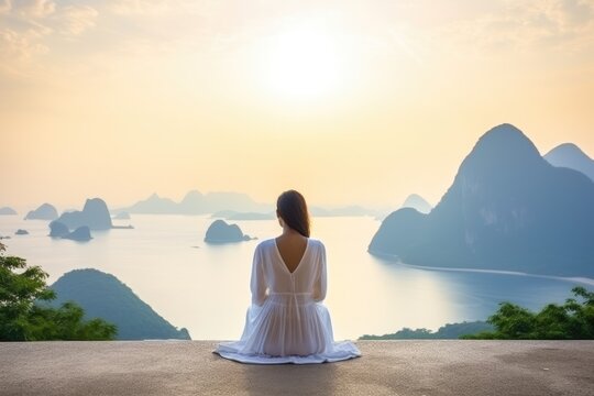 A girl in a white dress sits in the mountains and admires the ocean sunrise
