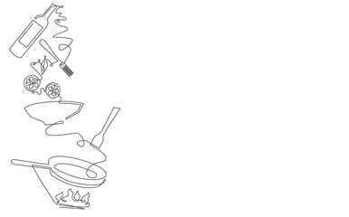 Cooking process at background. Meal preparation with food ingredients and utensils. Vector illustration.