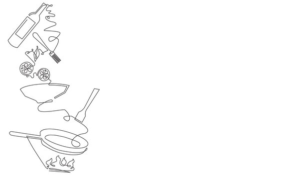 Naklejki Cooking process at background. Meal preparation with food ingredients and utensils. Vector illustration.