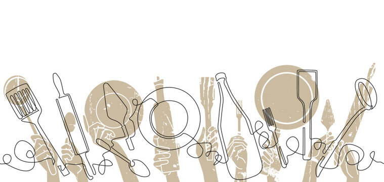 Cooking  Pattern.Cutlery Background. One Line Drawing of Isolated Kitchen Utensils. Restaurant Design Poster. Vector illustration.