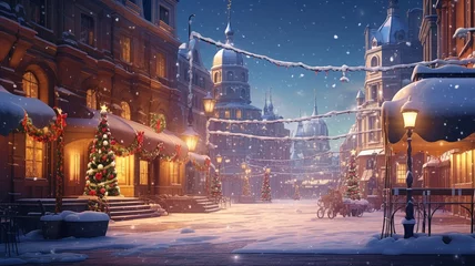 Gordijnen Christmas background, city street winter, card, greetings © Kùmo