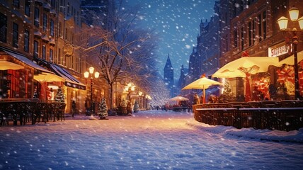 Christmas background, city street winter, card, greetings with restaurant