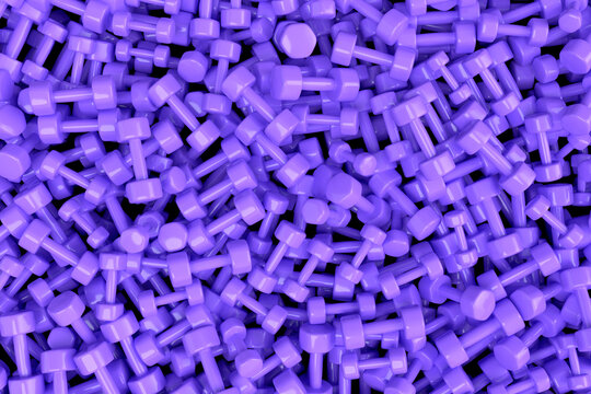 Pile of sport equipment sport like rubber dumbbell, barbell on violet background