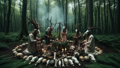 Pagan rituals of the old world. Participants wear animal skull masks and perform rites near a stone altar. - obrazy, fototapety, plakaty