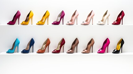 several women's high heel shoes in various sizes and designs, against a white background to evoke the idea of a diverse shoe collection. - obrazy, fototapety, plakaty