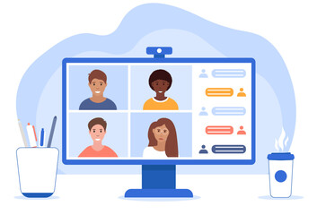 Сharacter works remotely at home and uses a computer for video meetings with colleagues. Concept of online discussion and business video conference. Vector illustration.