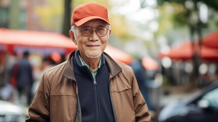 Asian old man visiting a street market in the streets of Asia