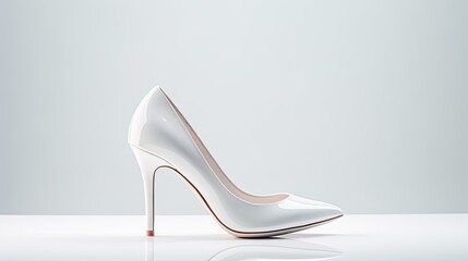 a pair of pristine white high heel bridal shoes on a white surface for a minimalistic, elegant composition that embodies the essence of a wedding.