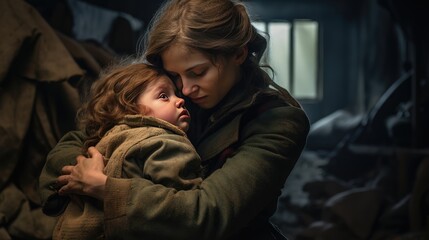 Touching image: A mother cradles her crying baby in an air raid shelter, a powerful testament to a mother's unwavering love and wartime resilience.