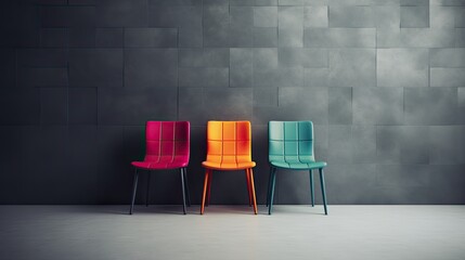 modern design of chairs in various colors artfully arranged in front of a gradient gray wall. This composition highlights the chairs' aesthetic appeal and their potential to enhance interior spaces.