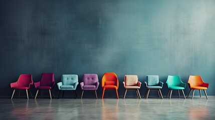 modern design of chairs in various colors artfully arranged in front of a gradient gray wall. This composition highlights the chairs' aesthetic appeal and their potential to enhance interior spaces. - obrazy, fototapety, plakaty