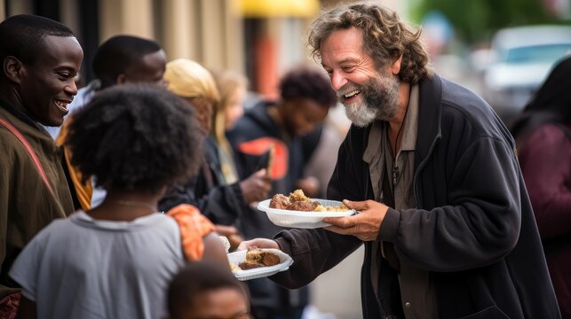 Heartwarming image: Volunteers distribute food to homeless individuals in need, addressing hunger and homelessness with compassion and action