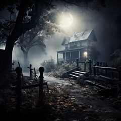 The picture is set outdoors on a cool, moonlit Halloween night. The background is shrouded in a misty, eerie atmosphere, with a hint of a full moon casting a pale, silvery glow. The setting might be a