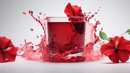 a glass cup filled with deep red Hibiscus tea, accompanied by a fresh hibiscus flower and a scattering of dried hibiscus petals on a pristine white surface, emphasizing the tea's vivid color - obrazy, fototapety, plakaty