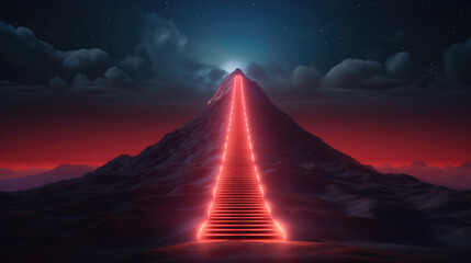 A 3D rendering of a 'Path to Success' concept, featuring a glowing light path ascending a vibrant red mountain under a luminous sky