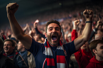 French fan, Celebrating the success. Supporters cheer in bleacher in French rugby match 2023. - obrazy, fototapety, plakaty