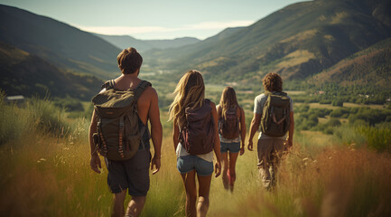 a candid photo of a family and friends hiking together in the mountains in the vacation trip week. sweaty walking in the beautiful american nature. fields and hills with grass.