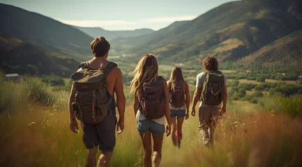 Foto op Plexiglas a candid photo of a family and friends hiking together in the mountains in the vacation trip week. sweaty walking in the beautiful american nature. fields and hills with grass. © MOUNSSIF
