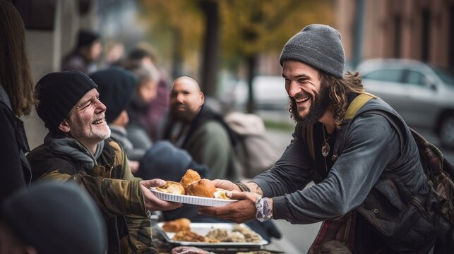 Acts of Kindness Worldwide: A happy volunteer brings food assistance to a diverse group of people in a distribution center.