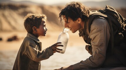 Captivating image: A little ethnic boy sips fresh water near a brave military man in a desert refugee camp. Capture the essence of humanitarian cooperation - obrazy, fototapety, plakaty