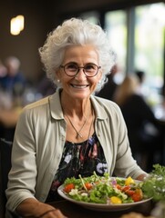 Elderly Woman Enjoying a Meal in a Warmly Lit Restaurant