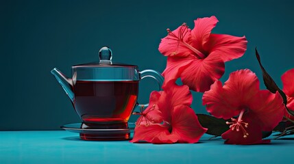 a glass cup filled with vibrant red Hibiscus tea, a matching teapot, and a single fresh hibiscus flower, all set against a solid, contrasting background. - obrazy, fototapety, plakaty