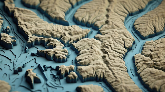 An intricately detailed 3D render of a topographic relief map, artfully showcasing the contours and geographical features of a specific region