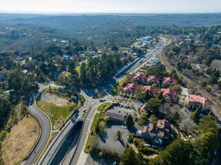 Drone aerial photograph of the Great Western Highway passing through the township of Leura in the...